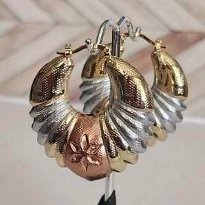 Tricolor Gold Chunky Hoop Earrings Greek Key